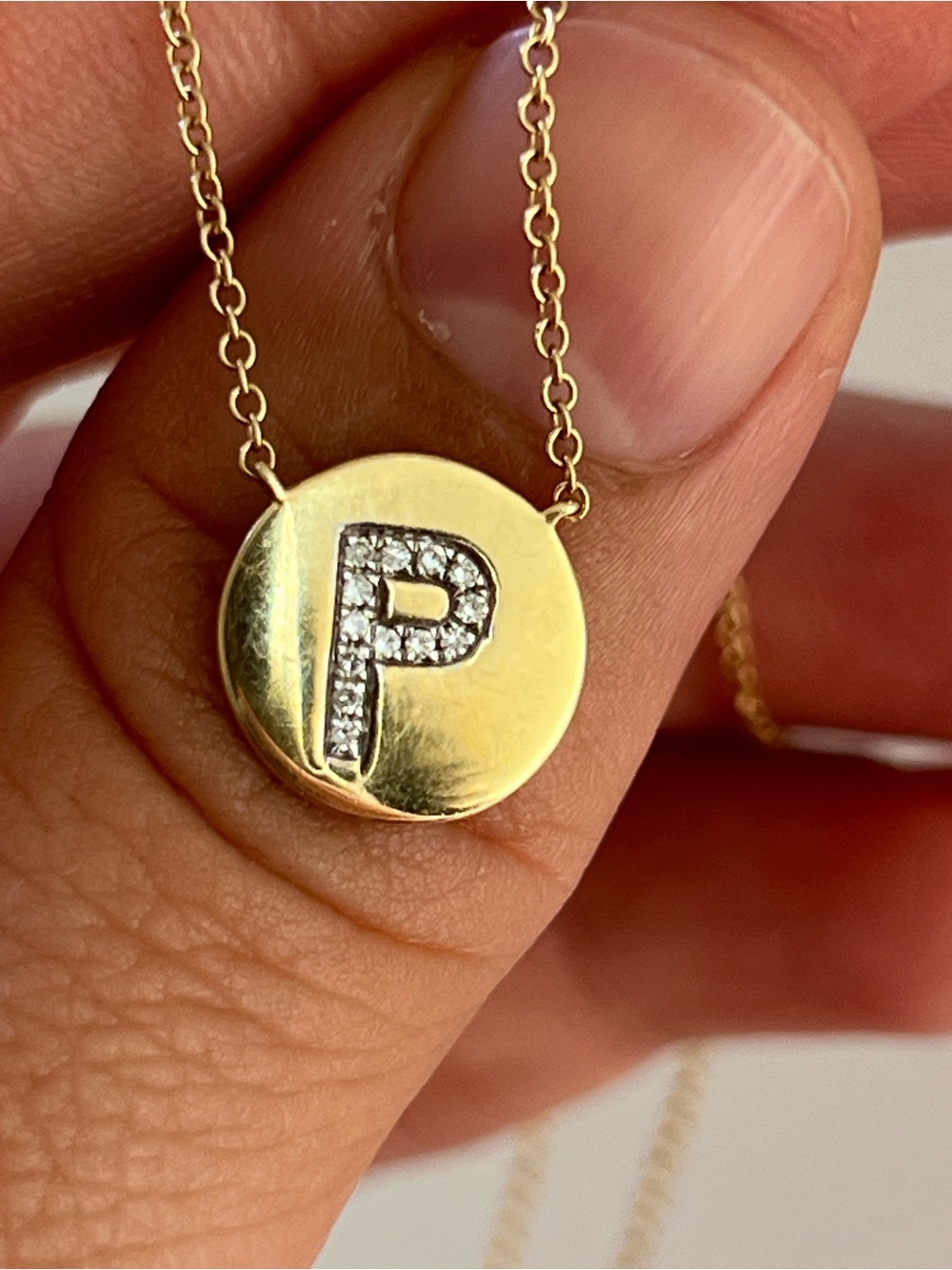 14k Good Initial 'P' Disc Necklace with Pavé Diamonds